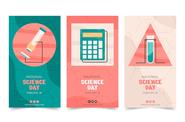 Vettore gratuito collezione di storie di instagram della giornata nazionale della scienza piatta