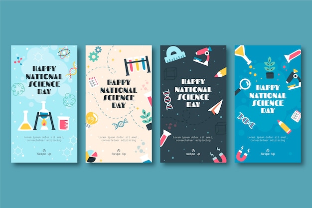 Free vector flat national science day instagram stories collection