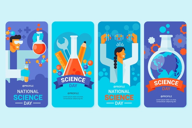 Free vector flat national science day instagram stories collection