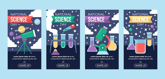 Free vector flat national science day instagram stories collection