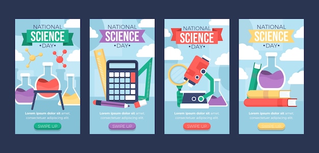 Free vector flat national science day instagram stories collection