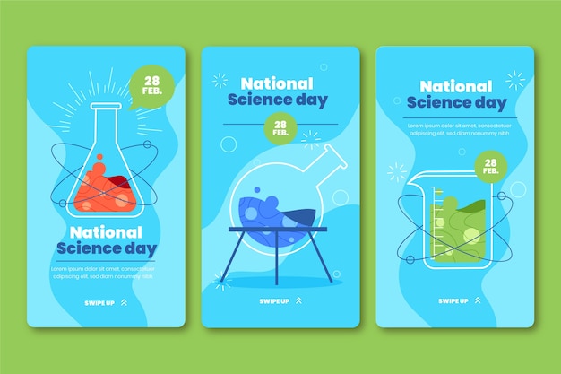 Free vector flat national science day instagram stories collection