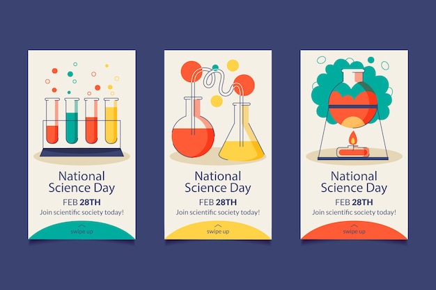 Free vector flat national science day instagram stories collection