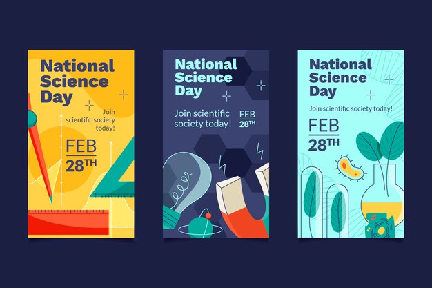 Free vector flat national science day instagram stories collection