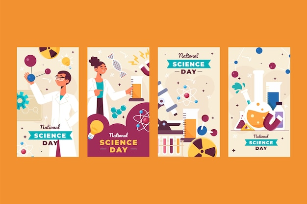 Free vector flat national science day instagram stories collection