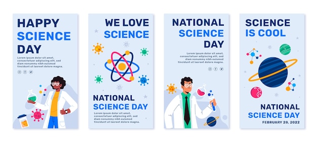 Free vector flat national science day instagram stories collection