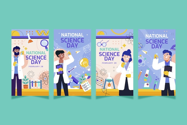 Free vector flat national science day instagram stories collection