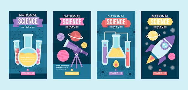 Free vector flat national science day instagram stories collection