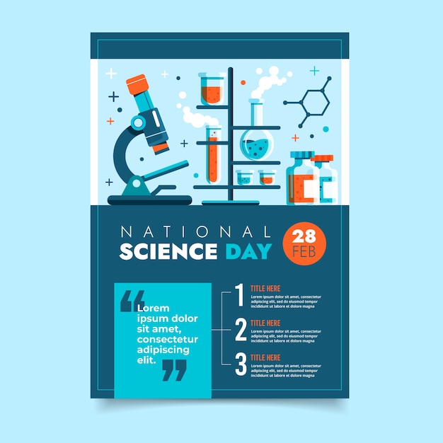 Vettore gratuito modello di poster verticale piatto per la giornata nazionale della scienza