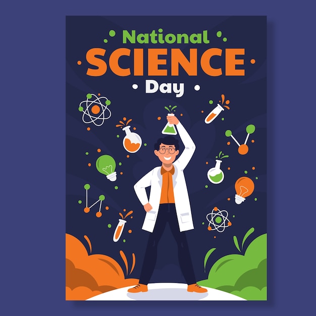 Плоский национальный день науки вертикальный шаблон плаката