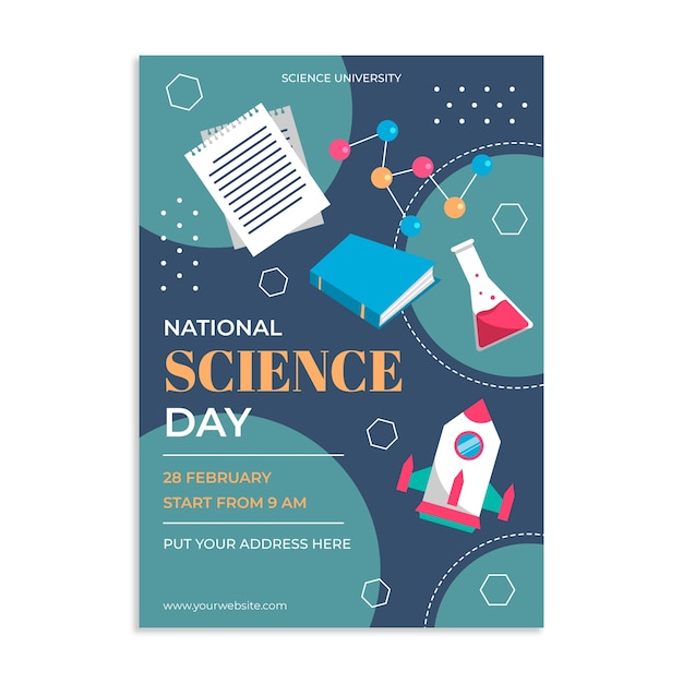 Vettore gratuito modello di poster verticale per la giornata nazionale della scienza piatta