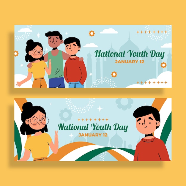 Flat national youth day horizontal banners set