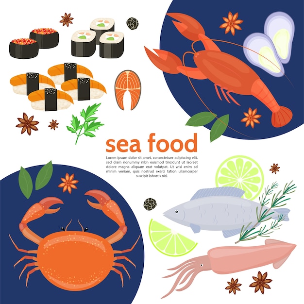 Free vector flat natural sea food template with crab lobster squid fish sushi rolls herbs lime caviar isolated vector illustration