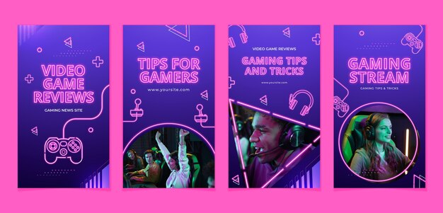 Flat neon gaming instagram stories collection