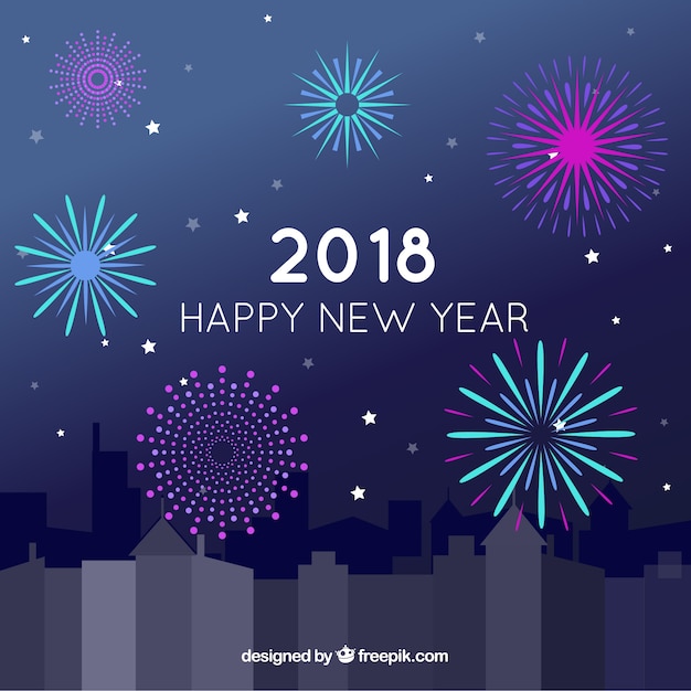 Flat new year 2018 background with fireworks