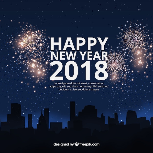 Flat new year 2018 background with fireworks