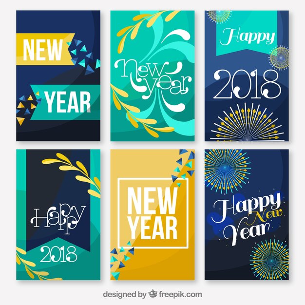Flat new year 2018 cards in blue