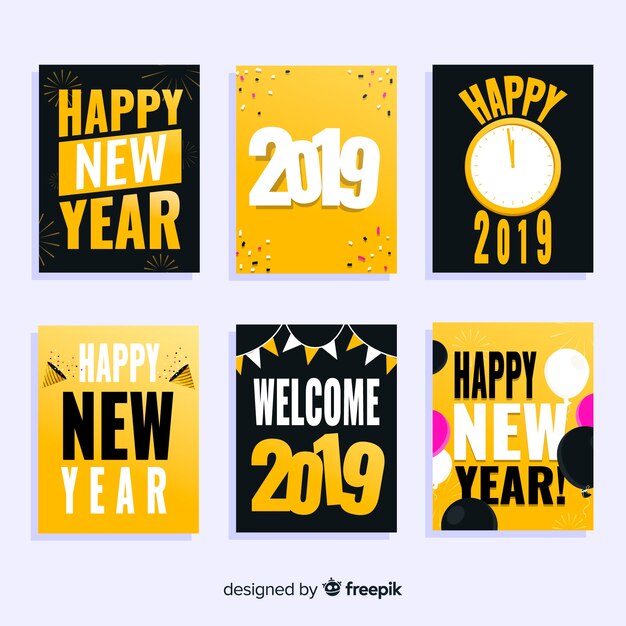 Flat new year 2019 cards set