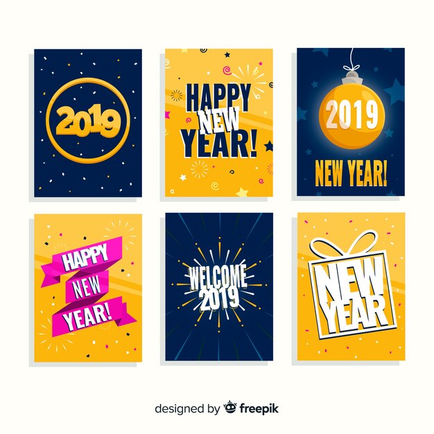 Flat new year 2019 cards set