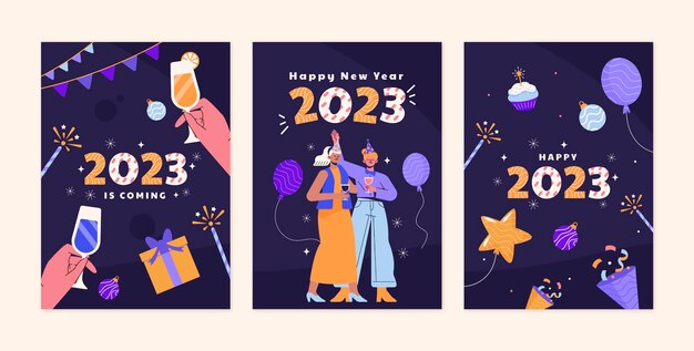 flat new year 2023 greeting cards set