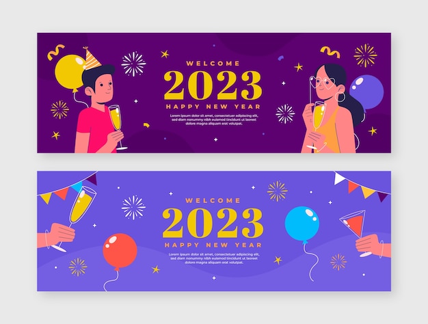 無料ベクター 平らな新年2023年水平バナーテンプレート