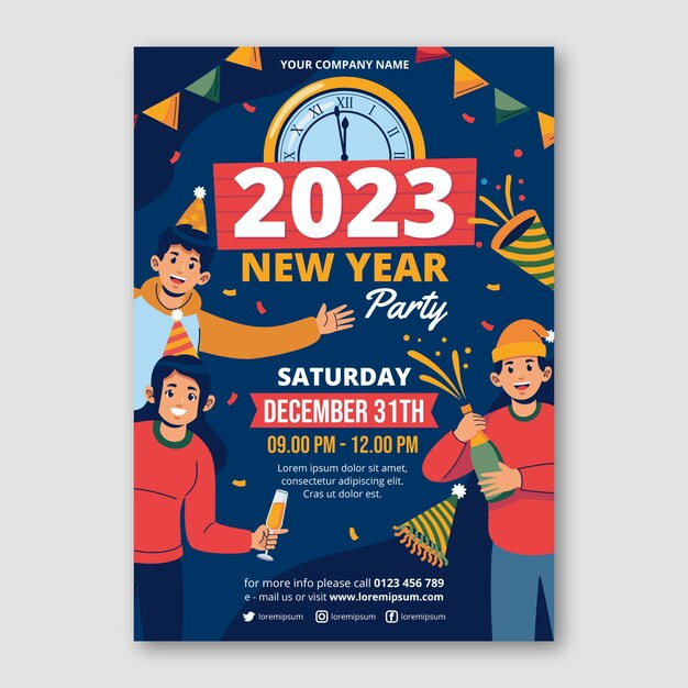 Плоский новый год 2023 вертикальный шаблон плаката