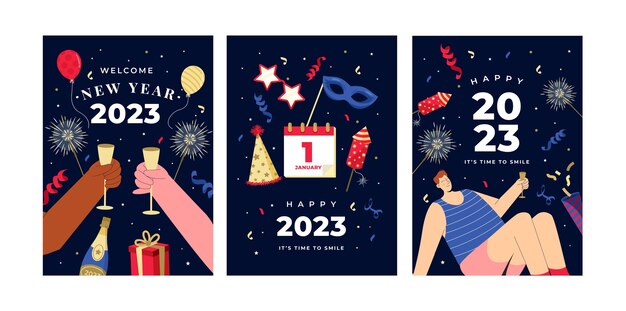 Vettore gratuito collezione di carte piatte di capodanno