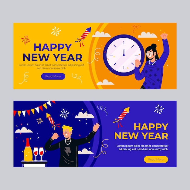 Set di banner orizzontali piatti di capodanno