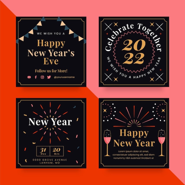 Flat new year instagram posts collection