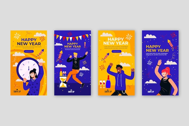 Free vector flat new year instagram stories collection