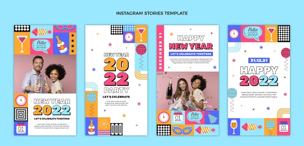 Vettore gratuito raccolta di storie di instagram di capodanno piatto