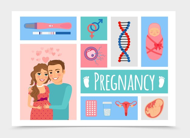 Flat newborn colorful with happy pregnant woman and man illustration