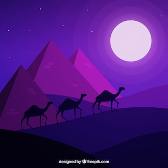 Paesaggio piatto notturno con piramidi egiziane e carovana di cammelli