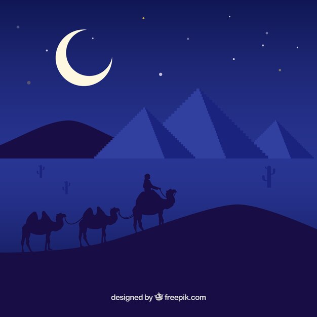 Плоский ночной пейзаж с египетскими пирамидами и караван верблюдов