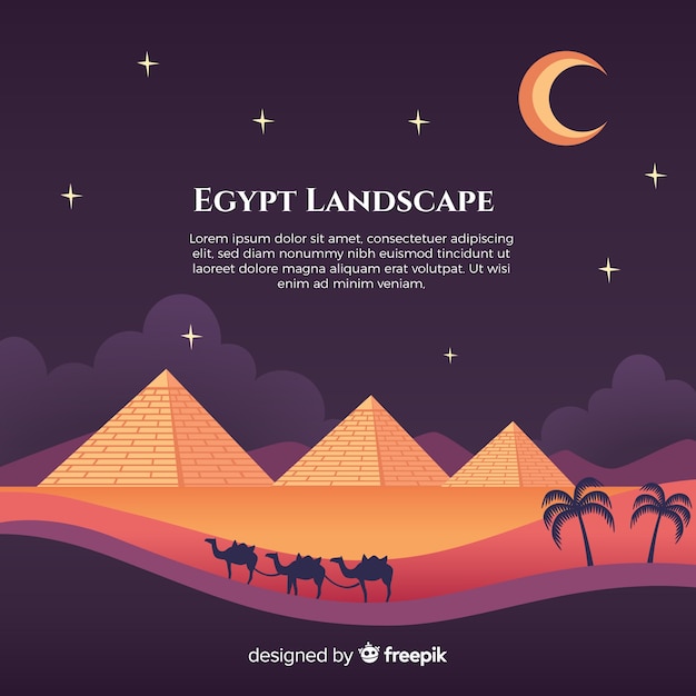 Free vector flat night landscape with egyptian pyramids and caravan of camels