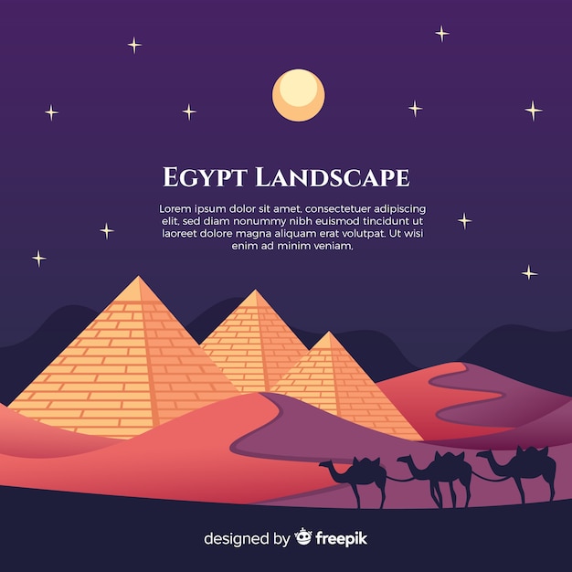 Free vector flat night landscape with egyptian pyramids and caravan of camels