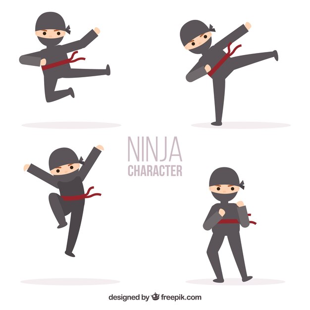 Flat ninja character collection in different poses