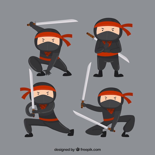 Vettore gratuito collezione di personaggi ninja piatti in diverse pose