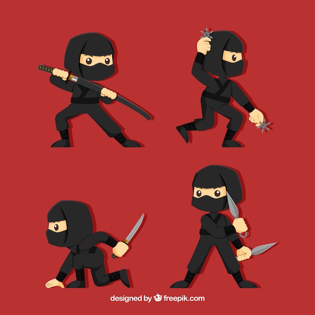 Personaggio ninja piatto in diverse pose