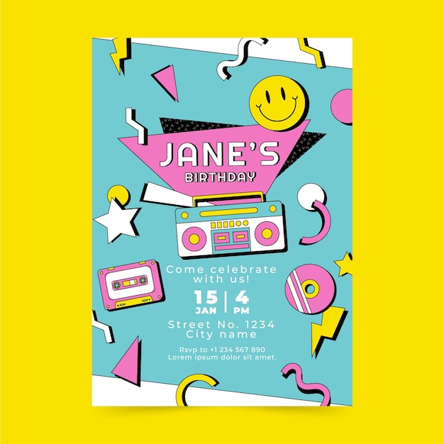 Flat nostalgic 90's birthday invitation template