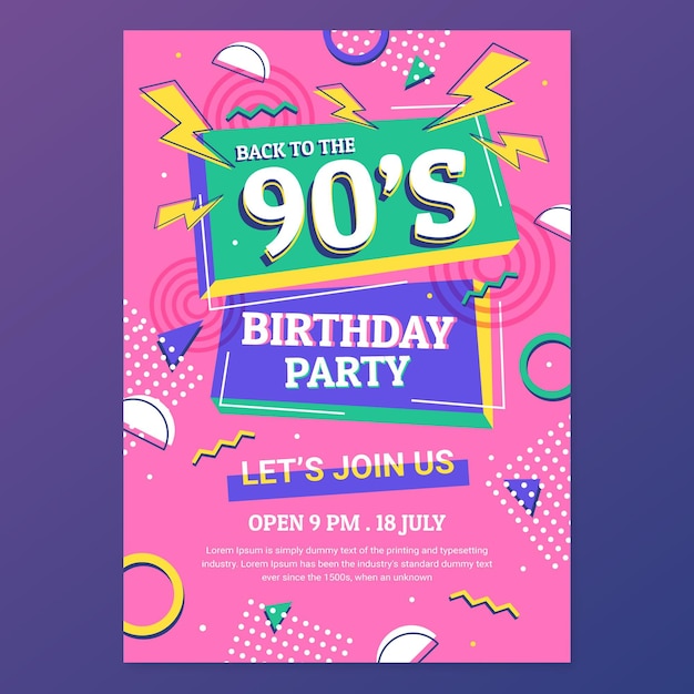 Бесплатное векторное изображение Плоское ностальгическое приглашение на день рождения 90-х