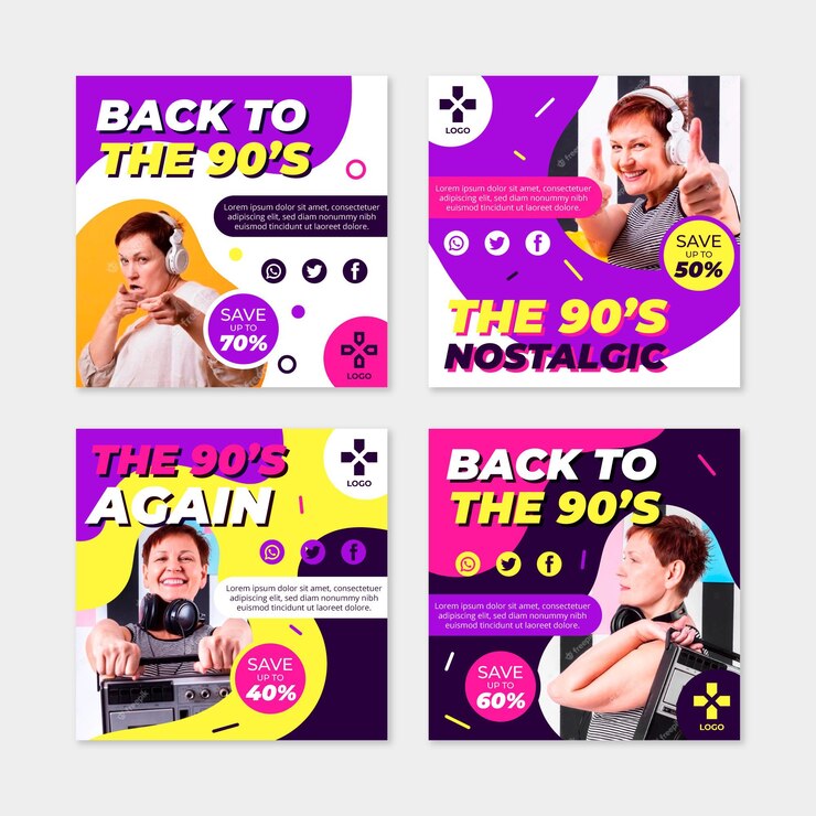 무료 Vector 사진과 함께 납작한 향수를 불러일으키는 90년대 인스타그램 게시물 모음