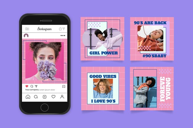 Flat nostalgic 90's instagram posts collection with photo