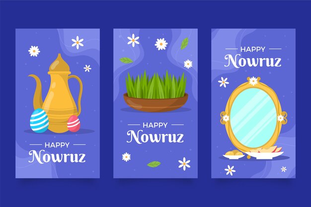 Vettore gratuito collezione di storie di instagram di nowruz piatta