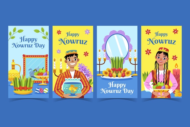 Vettore gratuito collezione di storie di instagram di nowruz piatta