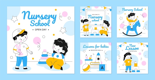 Free vector flat nursery school instagram posts collection