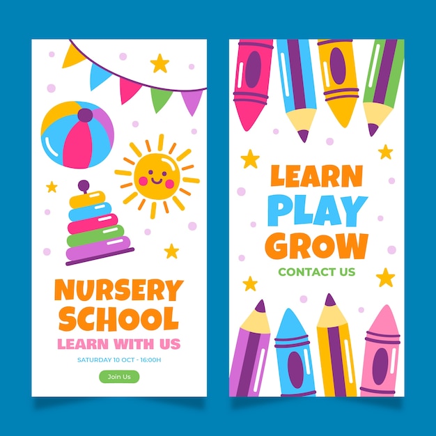 Flat nursery school vertical banners set