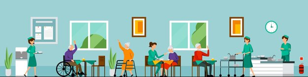 Flat nursing home characters composition with nursing home environment helping the elderly and assisting as needed illustration