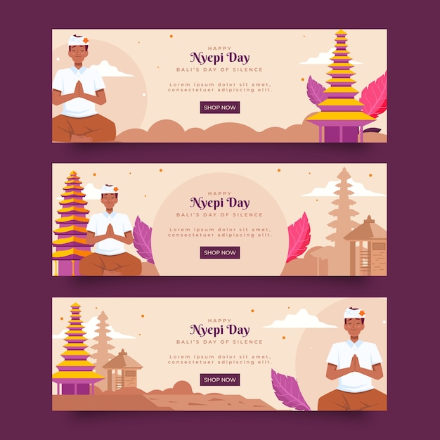 Flat nyepi horizontal banners set