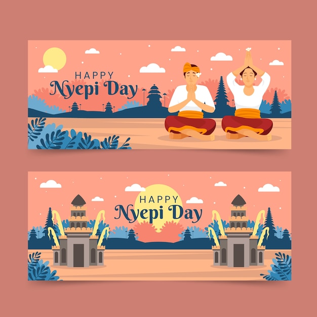 Free vector flat nyepi horizontal banners set